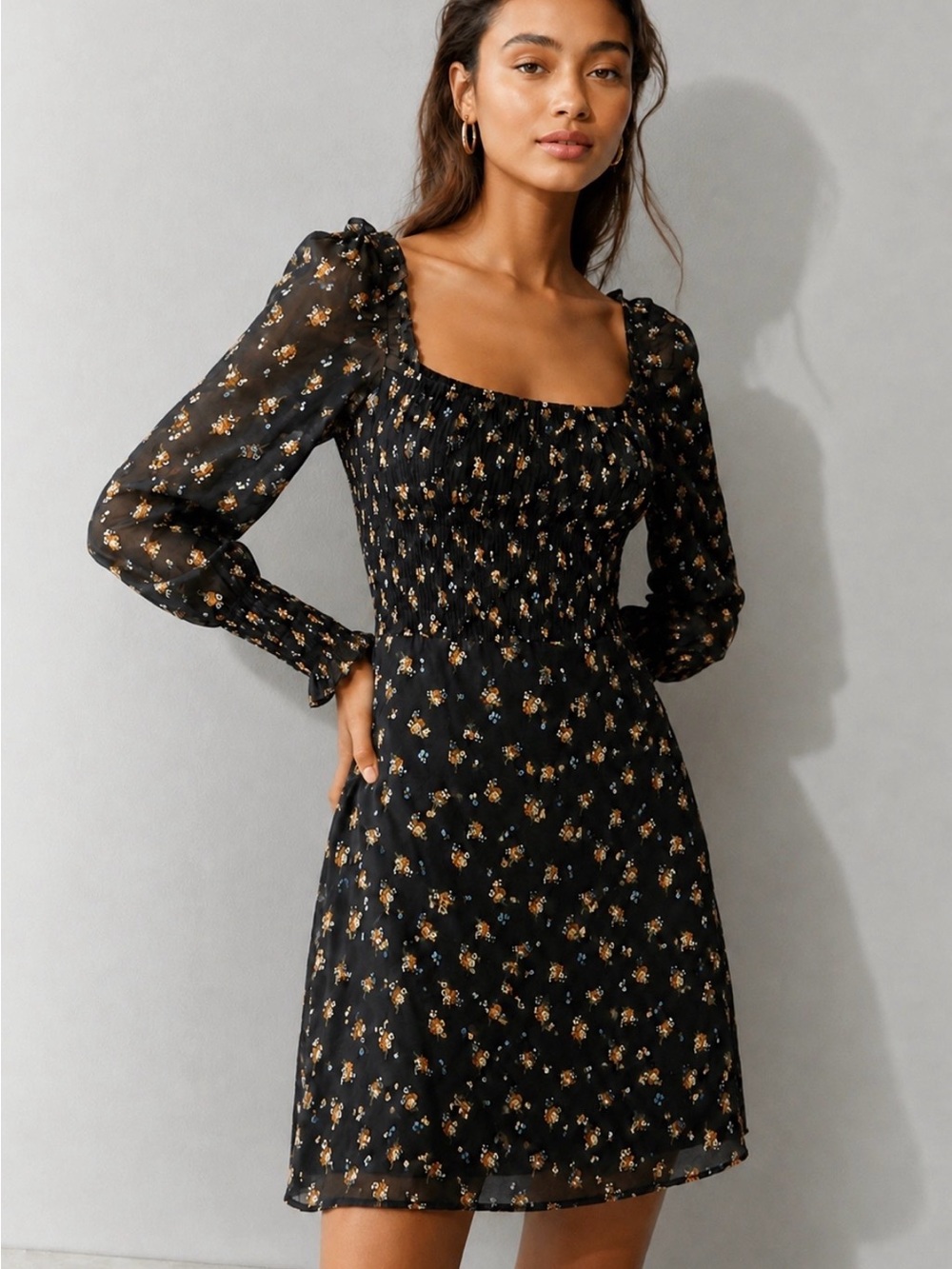MAJE Rithik Floral Smocked Long Sleeve Mini Dress Size 36/S